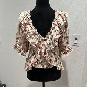 Free People Floral Ruffle Blouse - Cream and Red